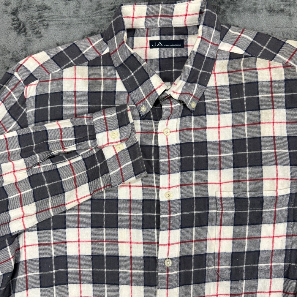 John Ashford Plaid Button Down‎ Mens XL Grey White Red